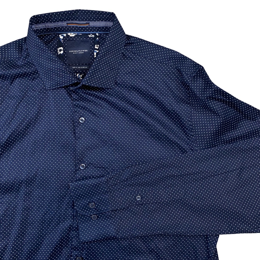 Denim & Flower Ricky Singh Mens XL Navy Dot Cotton Long Sleeve Button Up Shirt